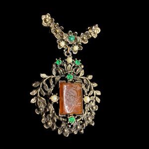 Victorian Era Gold Filigree Hinged Brooch Pearls/Emeralds Large Statement Piece